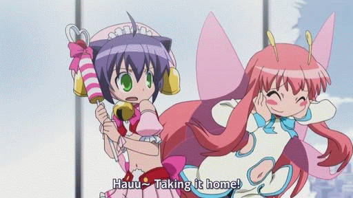 hiratsuka raichou, midarezaki kyouka, higurashi no naku koro ni, kyouran kazoku nikki, animated, animated gif, anime screenshot, pantyhose, parody, subtitled, take it home, wings