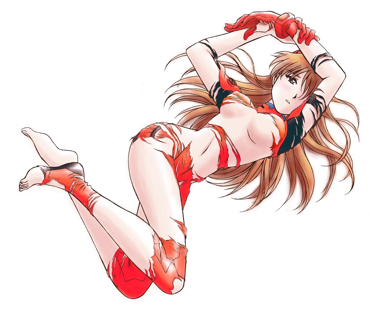 souryuu asuka langley, neon genesis evangelion, non-web source, 1girl, ass, blue eyes, bodysuit, breasts, brown hair, embarrassed, female focus, full body, long hair, lying, mecha pilot suit, plugsuit (evangelion), red bodysuit, small breasts, solo, torn clothes, underboob, wide hips
