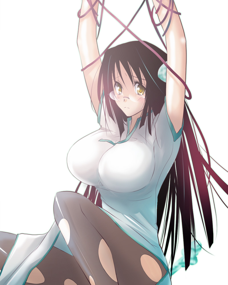kimura shiki, sui (pixiv), bad id, bad pixiv id, 1girl, black hair, breasts, female focus, glasses, huge breasts, long hair, pantyhose, solo, torn clothes, torn pantyhose, yellow eyes