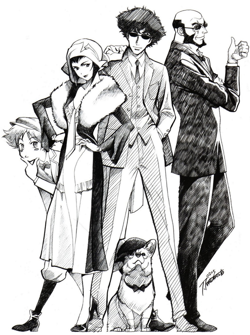 edward wong hau pepelu tivrusky iv, ein (cowboy bebop), faye valentine, jet black, spike spiegel, cowboy bebop, fur, highres, 00s, 1990s (style), 2005, 2boys, 2girls, androgynous, beard, blush, blush stickers, boots, bow, bowtie, coat, dog, dress, facial hair, formal clothes, greyscale, hat, headscarf, high heels, monochrome, multiple boys, multiple girls, necktie, retro artstyle, reverse trap, shoes, signature, suit, sunglasses, traditional bowtie, tuxedo, welsh corgi