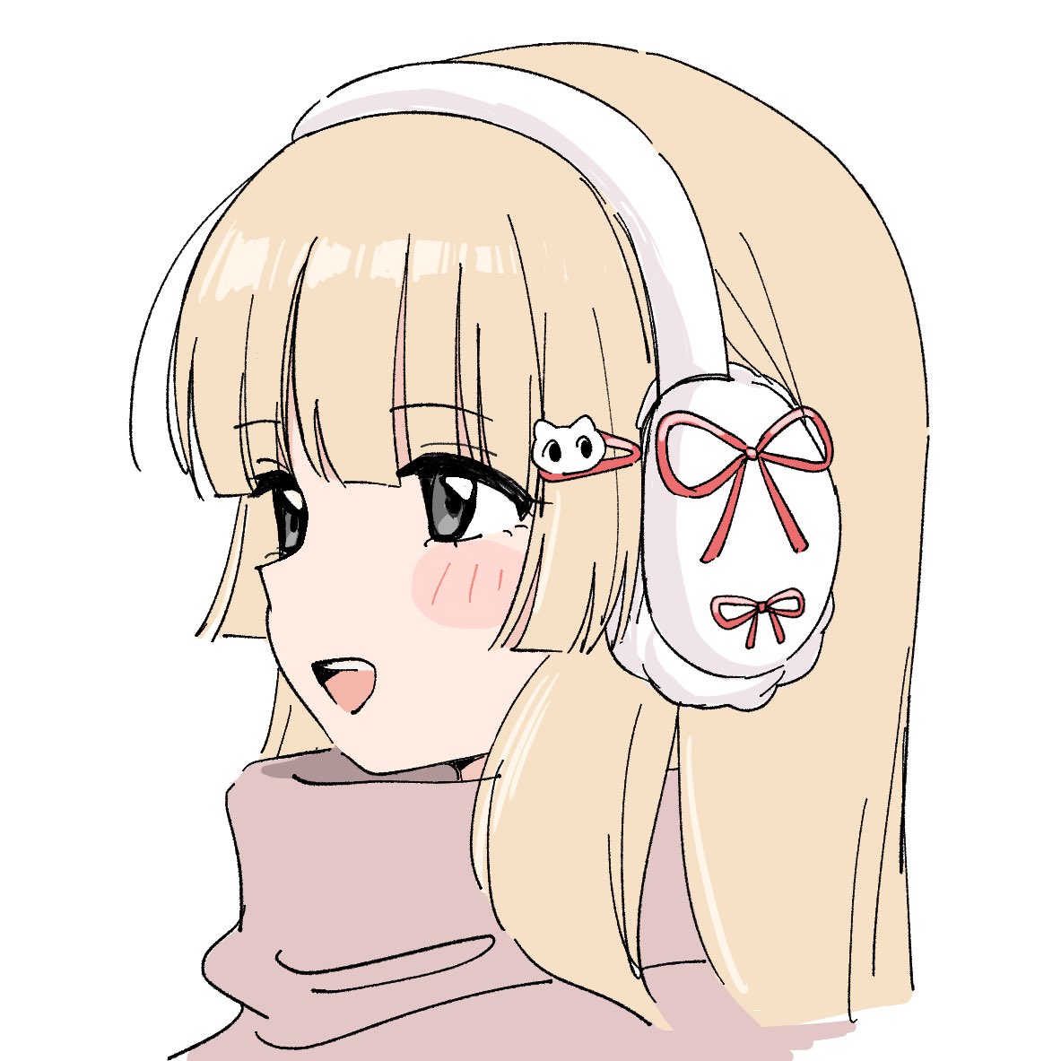 7ben9i, original, 1girl, blonde hair, blush, hair ornament, hair ribbon, open mouth, ribbon, simple background, solo, upper body, white background