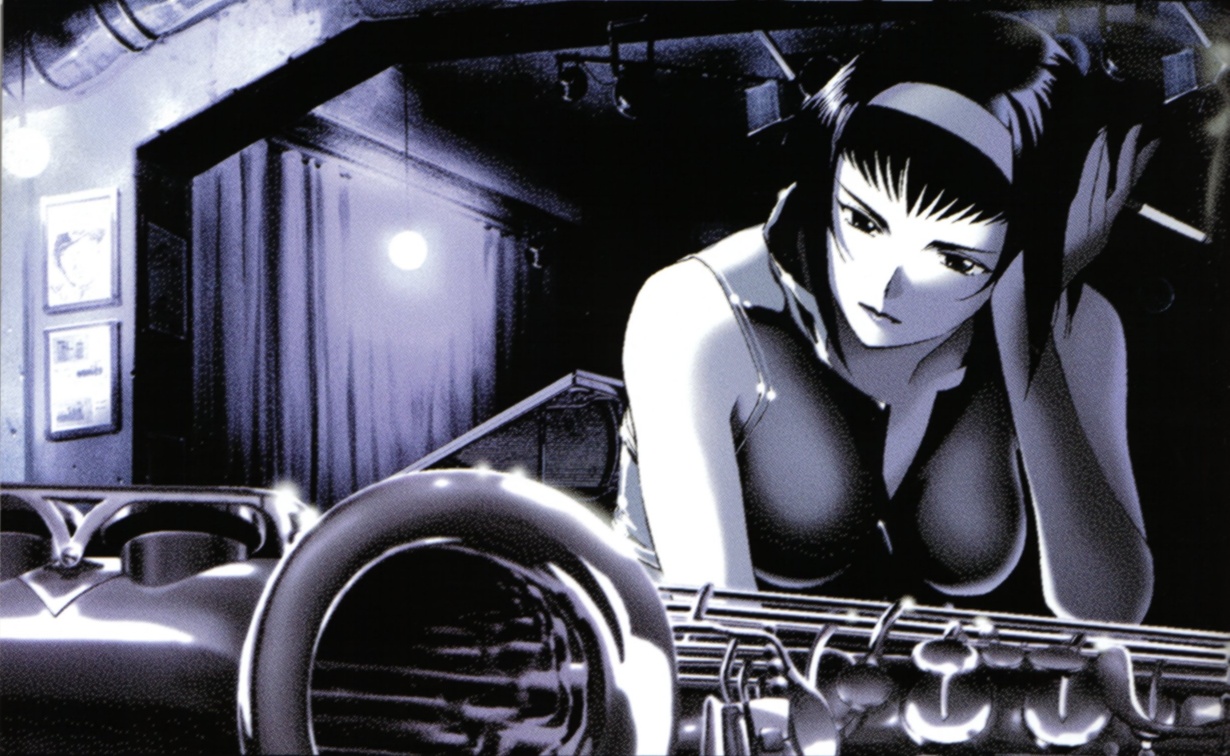 faye valentine, cowboy bebop, 1990s (style), 1girl, adjusting hair, blue theme, cigarette, female focus, hairband, instrument, monochrome, retro artstyle, saxophone, solo