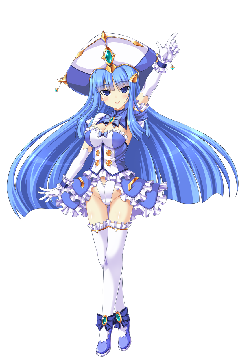 aoi masami, arty rain, doumyouji kotetu, ts magical girl nao, game cg, highres, large variant set, non-web source, official art, variant set, 1girl, arm up, blue bow, blue eyes, blue hair, bow, breasts, cleavage, dress, elbow gloves, frilled dress, frilled leotard, frilled thighhighs, frills, full body, gloves, hair ornament, hairclip, hat, index finger raised, large breasts, leotard, long hair, looking at viewer, magical girl, pointing, pointing up, short sleeves, showgirl skirt, skirt, smile, solo, standing, tachi-e, thighhighs, transparent background, very long hair, white gloves, white thighhighs