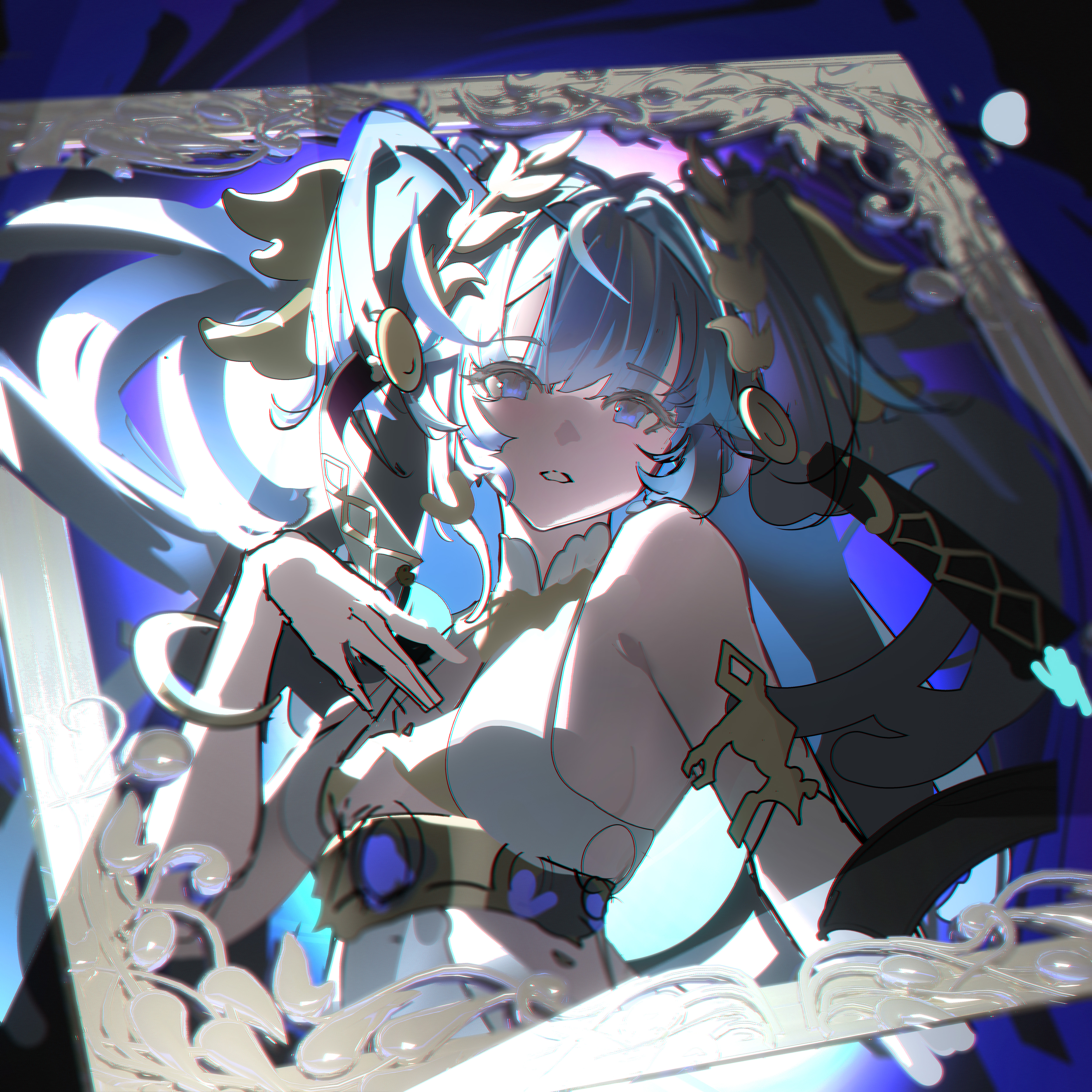 laocome, iuno (wuthering waves), wuthering waves, absurdres, commentary, highres, 1girl, armlet, bare shoulders, blue eyes, blue hair, breasts, gold bra, hair belt, hand up, head wreath, jewelry, long hair, looking at viewer, medium breasts, parted lips, picture frame, solo, twintails, upper body