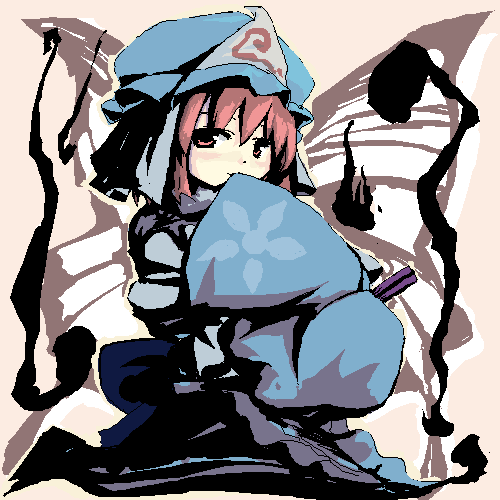 tsubasa (abchipika), saigyouji yuyuko, touhou, lowres, 1girl, bug, butterfly, covering own mouth, female focus, folding fan, hand fan, hat, insect, long sleeves, looking at viewer, pink eyes, pink hair, short hair, sleeves past wrists, solo