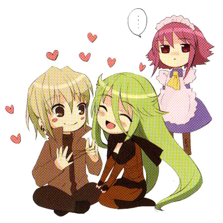 ito noizi, pheles, wilhelmina carmel, shakugan no shana, lowres, 00s, 1boy, 2girls, blonde hair, blush, couple, green hair, multiple girls, pink hair