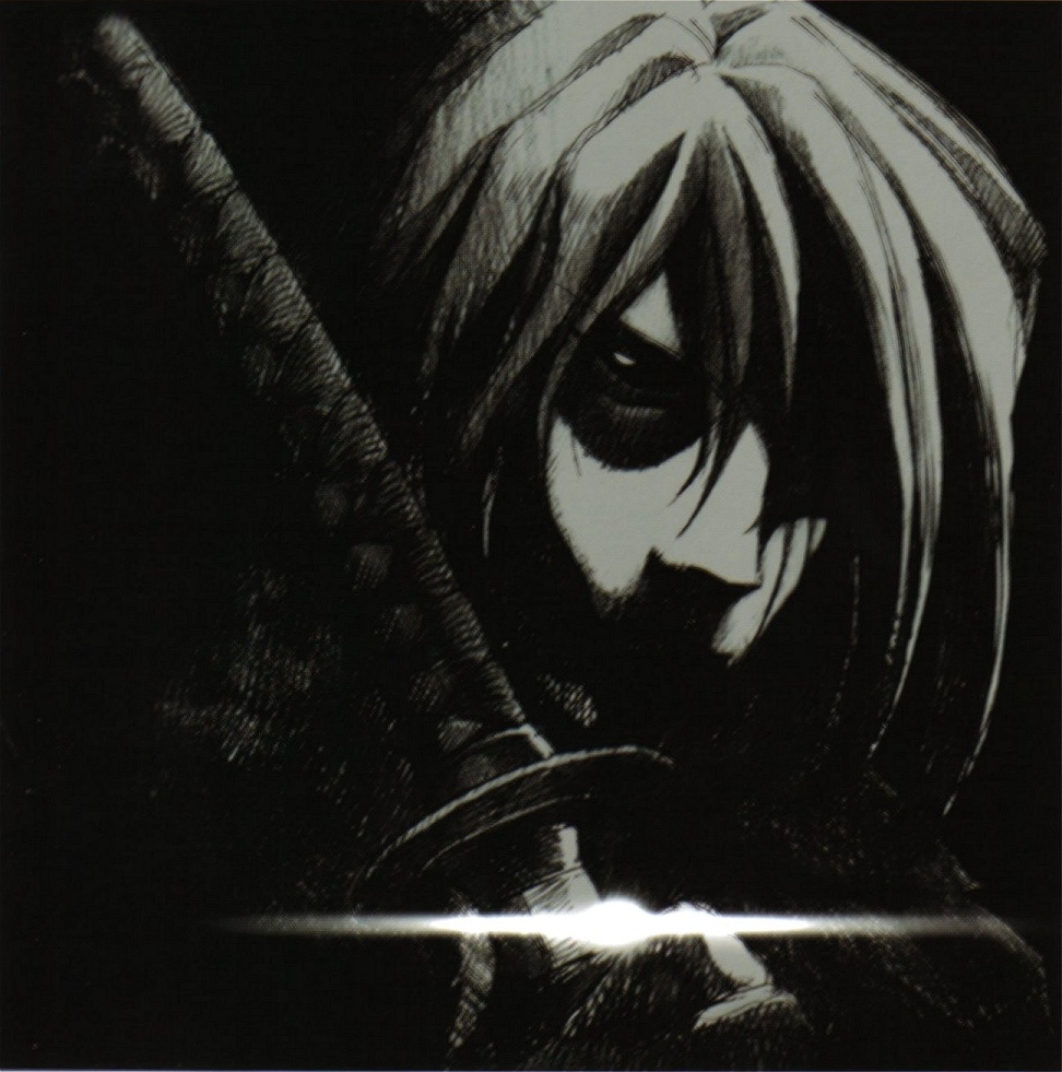 vicious (cowboy bebop), cowboy bebop, 1990s (style), 1boy, dark, katana, male focus, monochrome, solo, sword, weapon