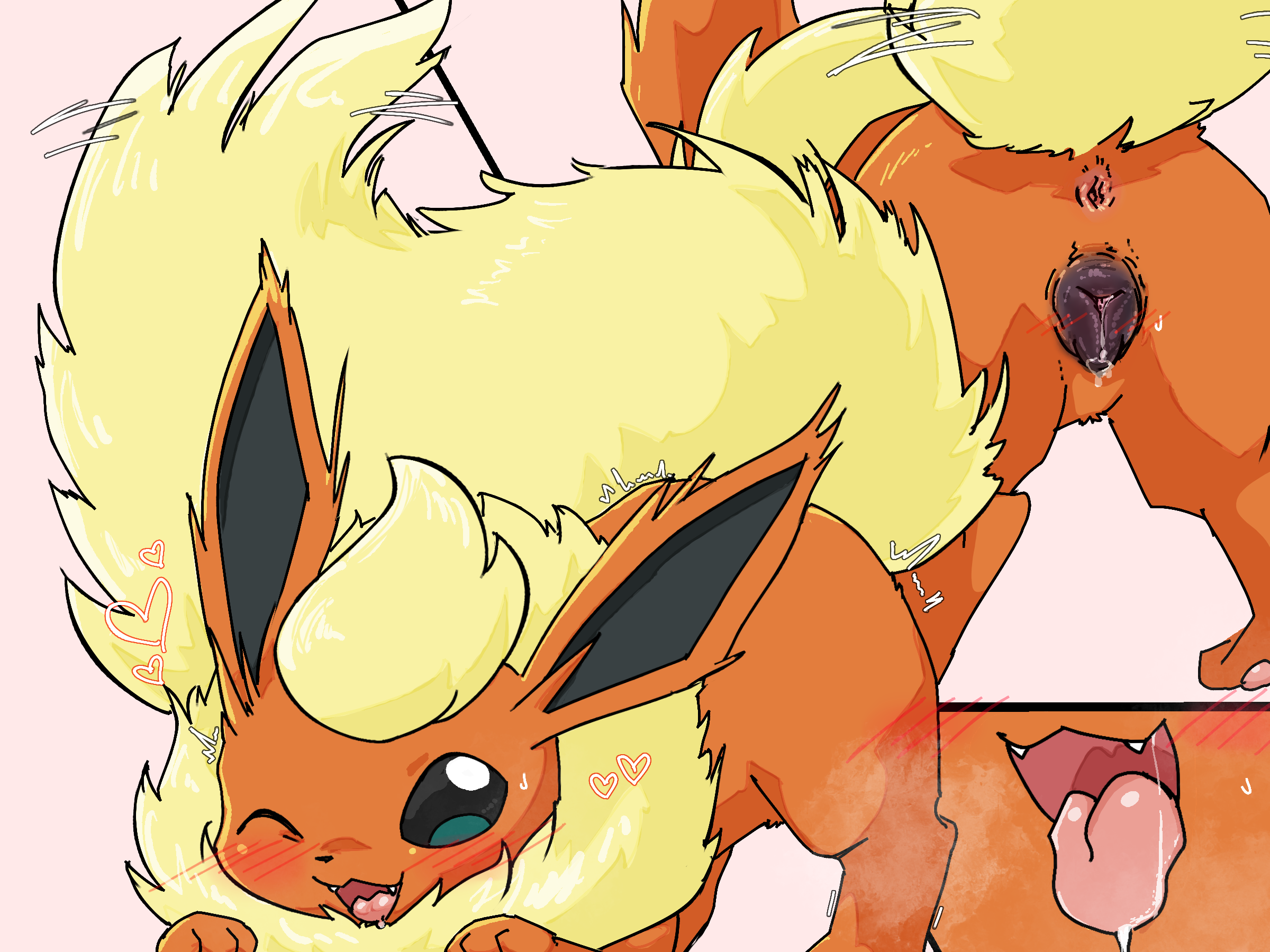 red leopard, flareon, nintendo, pokemon, 1girl, :3, animal focus, animal sexualization, anus, ass, black eyes, blonde hair, blush, breath, close-up, drooling, fangs, from behind, gen 1 pokemon, happy, heart, motion lines, multiple views, neck fur, one eye closed, open mouth, pawpads, pink background, pokemon (creature), pussy, pussy juice, saliva, short hair, simple background, smile, sweat, tail, tail wagging, tongue, tongue out, top-down bottom-up, uncensored