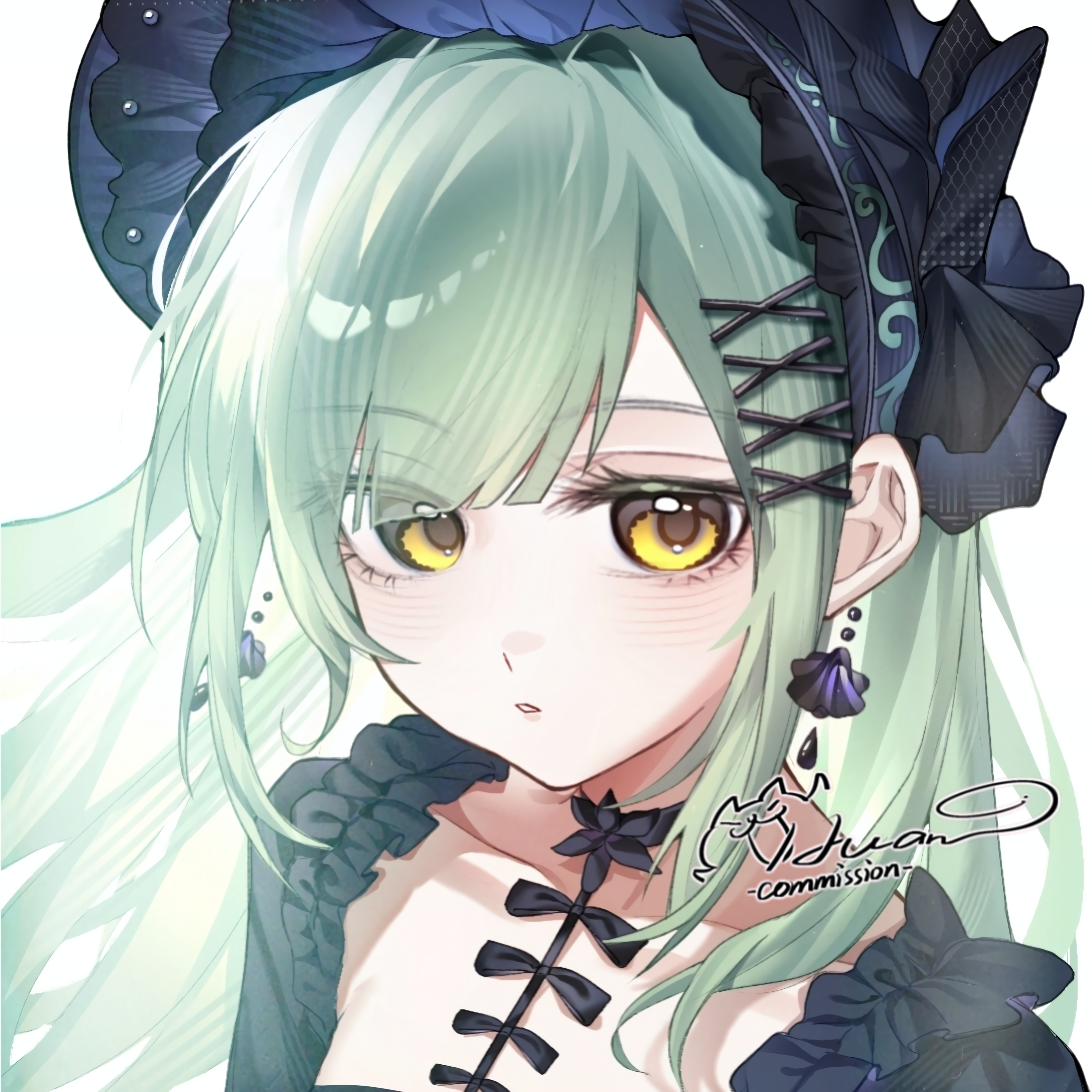 wakaba mutsumi, wakaba mutsumi (marionette's id), arknights, bang dream!, bang dream! it's mygo!!!!!, chinese commentary, commentary request, commission, highres, mihuashi commission, variant set, 1girl, black bonnet, bonnet, closed mouth, collarbone, earrings, expressionless, floating earrings, floating hair, frills, green hair, hair ornament, jewelry, light blush, long hair, looking at viewer, parted lips, portrait, signature, simple background, solo, straight hair, sundayxiye, swept bangs, watermark, white background, x hair ornament, yellow eyes