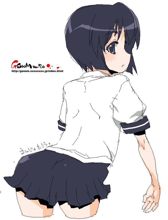 onija tarou, original, 1girl, back, black hair, female focus, grey eyes, looking back, oekaki, school uniform, serafuku, short hair, simple background, skirt, solo, white background