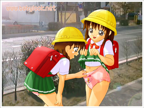 2girls, backpack, bag, brown hair, clothes lift, diaper, dress, hard hat, helmet, loli, long hair, multiple girls, navel, panties, panty pull, pantyshot, school bag, school uniform, skirt, skirt lift, underwear