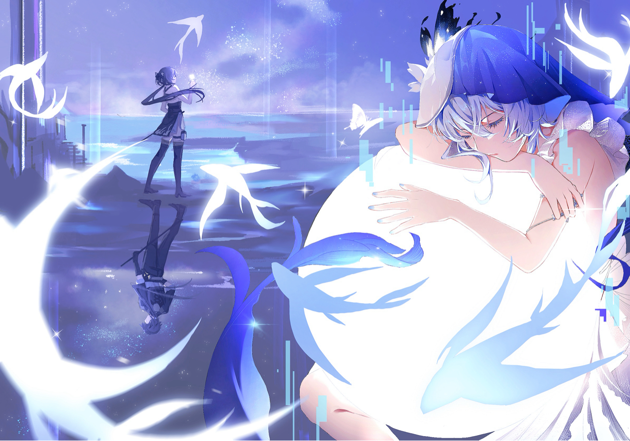 female rover (wuthering waves), male rover (wuthering waves), rover (wuthering waves), wuthering waves, 1boy, 2girls, armlet, bare shoulders, black dress, black hair, black pants, blue hair, blue theme, blue veil, canyue yin feng, closed eyes, closed mouth, different reflection, dress, hair between eyes, jewelry, long hair, missing commentary, multiple girls, orb, pants, reflection, two-tone veil, veil, water, white veil