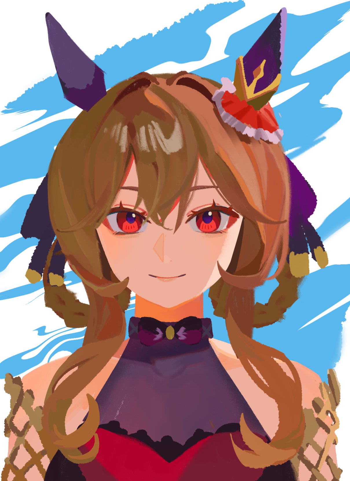 selvha, gentildonna (regina dei fiori) (umamusume), gentildonna (umamusume), umamusume, highres, 1girl, animal ears, bare shoulders, bow, bowtie, braid, braided hair rings, breasts, brown hair, closed mouth, detached sleeves, dress, ear covers, ear ornament, hair between eyes, hair ornament, hair rings, heart-shaped ornament, heart ear ornament, horse ears, horse girl, long hair, looking at viewer, red eyes, smile, solo, upper body