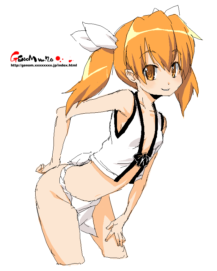 onija tarou, original, 1girl, bent over, female focus, fundoshi, japanese clothes, oekaki, orange eyes, orange hair, simple background, solo, twintails, white background