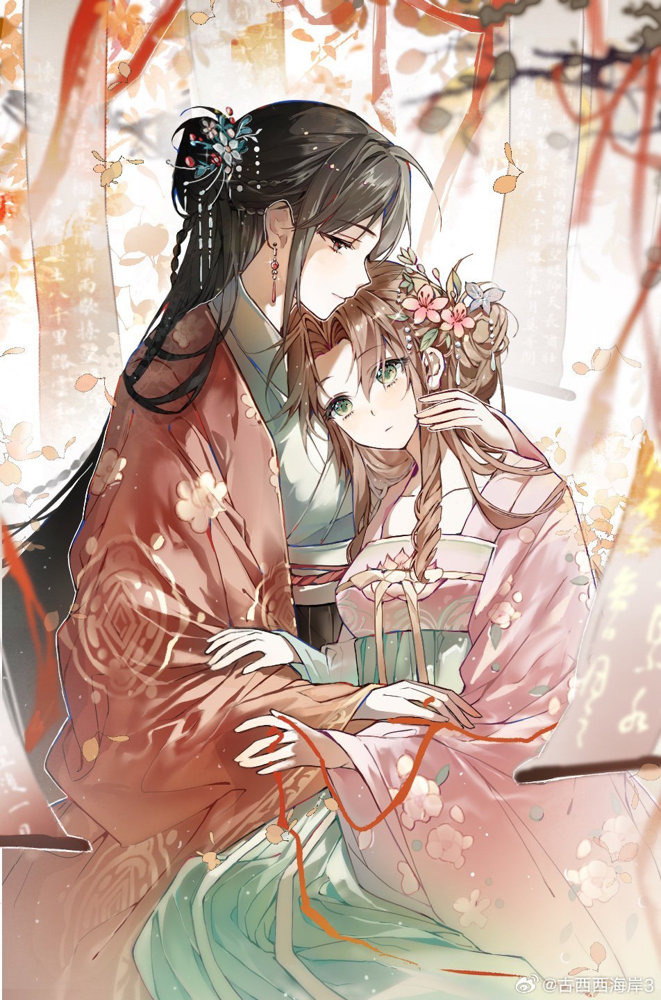 aerith gainsborough, tifa lockhart, final fantasy, final fantasy vii, highres, 2girls, alternate costume, arm around neck, black hair, blurry, blurry foreground, breasts, brown eyes, brown hair, chinese clothes, earrings, floral print, flower, green eyes, hair between eyes, hair flower, hair ornament, jewelry, medium breasts, multiple girls, oldwestcoast3, parted bangs, sidelocks, string, string of fate, updo, wide sleeves, yuri