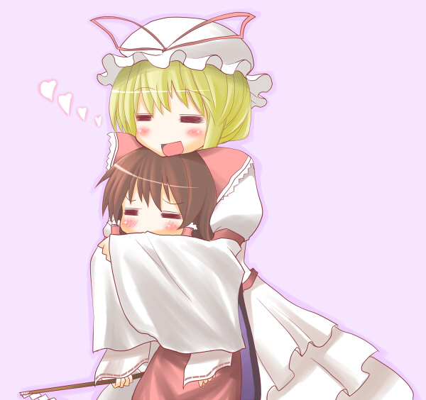 hane (hanegoya), hakurei reimu, yakumo yukari, touhou, 2girls, female focus, heart, hug, multiple girls, yuri