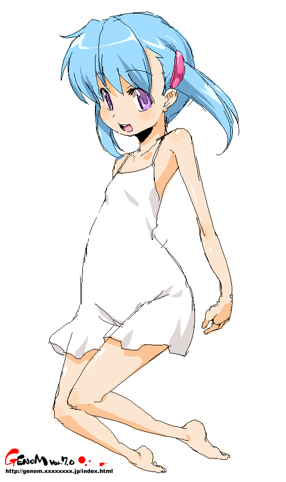onija tarou, original, 1girl, barefoot, blue hair, female focus, flat chest, hair ornament, hairclip, oekaki, purple eyes, simple background, solo, white background