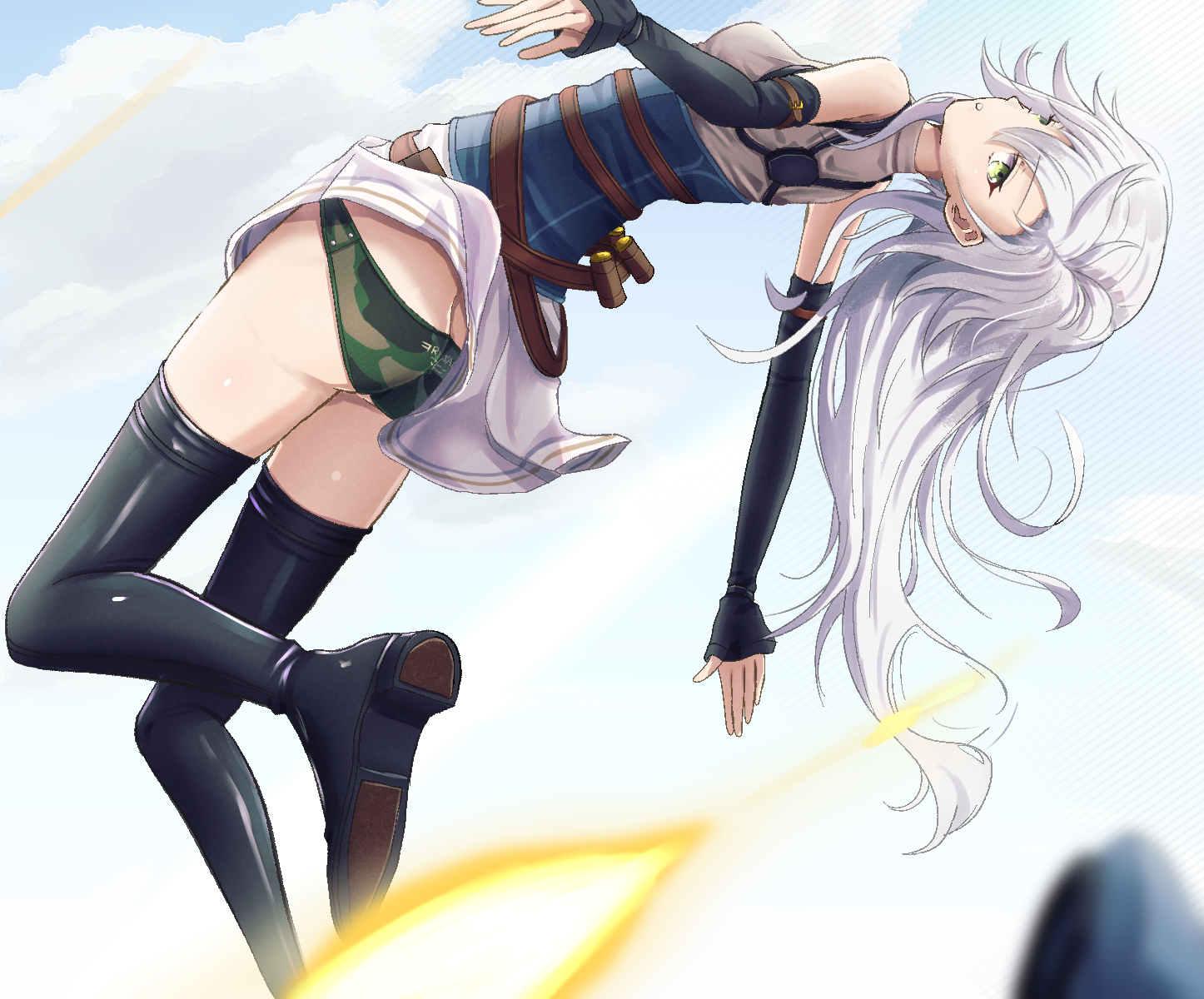 witch f, fie claussell, eiyuu densetsu, kuro no kiseki (series), kuro no kiseki i, highres, 1girl, black thighhighs, breasts, camouflage, camouflage panties, cloud, detached sleeves, floating, floating hair, green eyes, hair between eyes, looking at viewer, outdoors, panties, pantyshot, parted bangs, sky, small breasts, solo, thighhighs, underwear, white hair, woodland camouflage