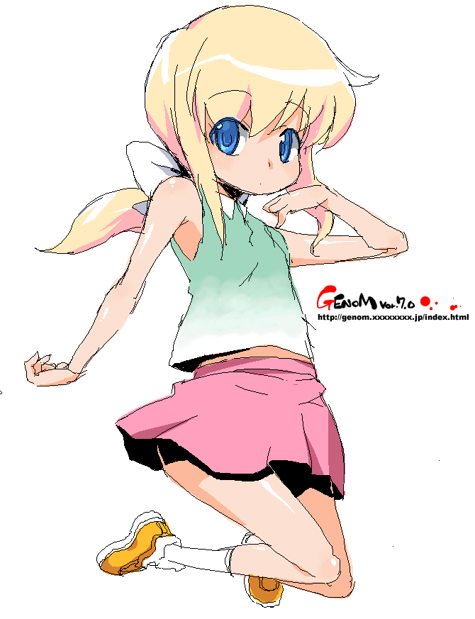 onija tarou, original, 1girl, blonde hair, blue eyes, female focus, oekaki, simple background, skirt, solo, white background