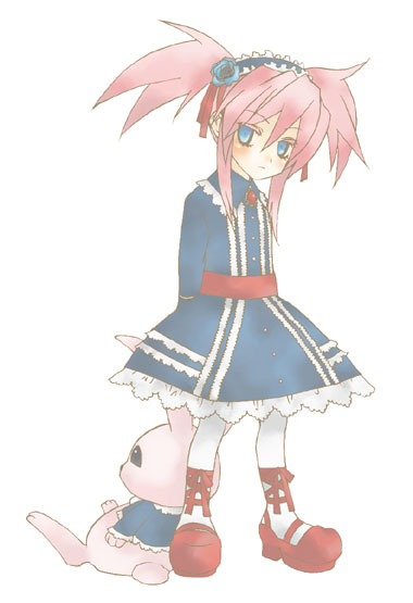 presea combatir, tales of (series), tales of symphonia, 00s, chibi, gothic lolita, lolita fashion, pink hair, stuffed animal, stuffed toy, twintails