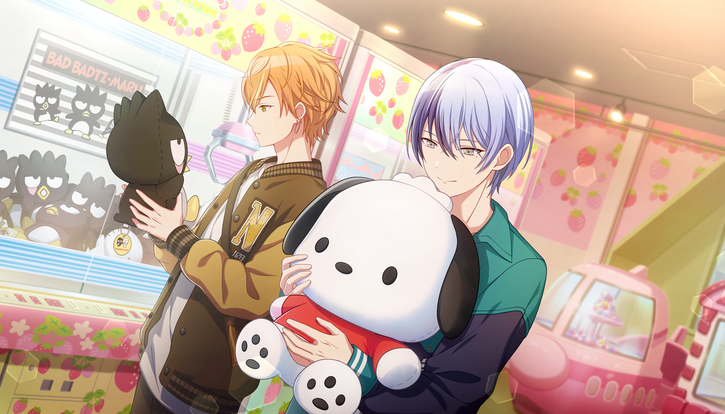colorful palette, aoyagi touya, badtz-maru, pochacco, shinonome akito, project sekai, sanrio, game cg, highres, official art, third-party source, 2boys, blonde hair, blue hair, blurry, bokeh, brown eyes, brown jacket, character doll, character name, cherry, closed mouth, crane (machine), depth of field, doll, dutch angle, food, fruit, green jacket, grey eyes, hair between eyes, holding, holding stuffed toy, jacket, letterman jacket, looking at object, multicolored hair, multiple boys, orange hair, profile, red shirt, shirt, short hair, smile, split-color hair, strawberry, streaked hair, stuffed toy, two-tone hair, white shirt