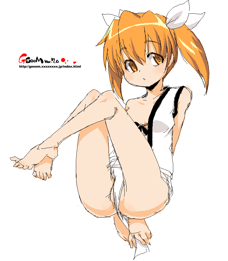 onija tarou, original, 1girl, barefoot, feet, female focus, fundoshi, japanese clothes, oekaki, open clothes, open shirt, orange eyes, orange hair, shirt, simple background, solo, twintails, white background