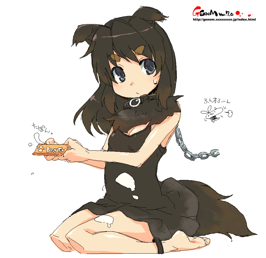 onija tarou, 1girl, animal ears, barefoot, bowl, brown hair, chain, chain leash, collar, dog ears, dog tail, dress, female focus, leash, oekaki, pet bowl, simple background, solo, tail, white background
