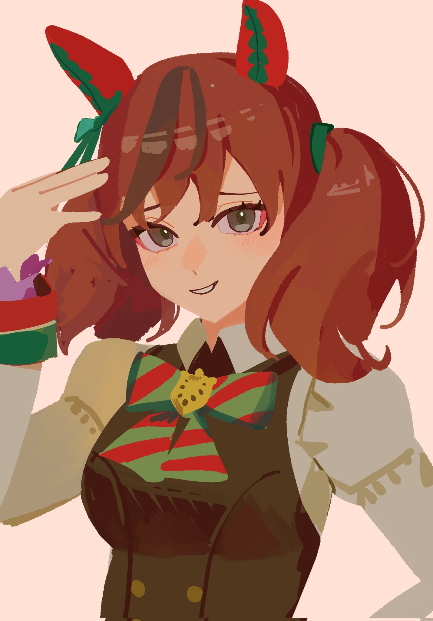 selvha, nice nature (poinsettia ribbon) (umamusume), nice nature (umamusume), umamusume, highres, 1girl, animal ears, black dress, bow, bowtie, breasts, brown eyes, brown hair, diagonal-striped bow, diagonal-striped bowtie, diagonal-striped clothes, dress, ear bow, ear covers, ear ornament, ear ribbon, green bow, horse ears, horse girl, long hair, long sleeves, looking at viewer, multicolored hair, open mouth, shirt, simple background, smile, solo, streaked hair, striped bow, striped bowtie, striped clothes, twintails, upper body, white shirt