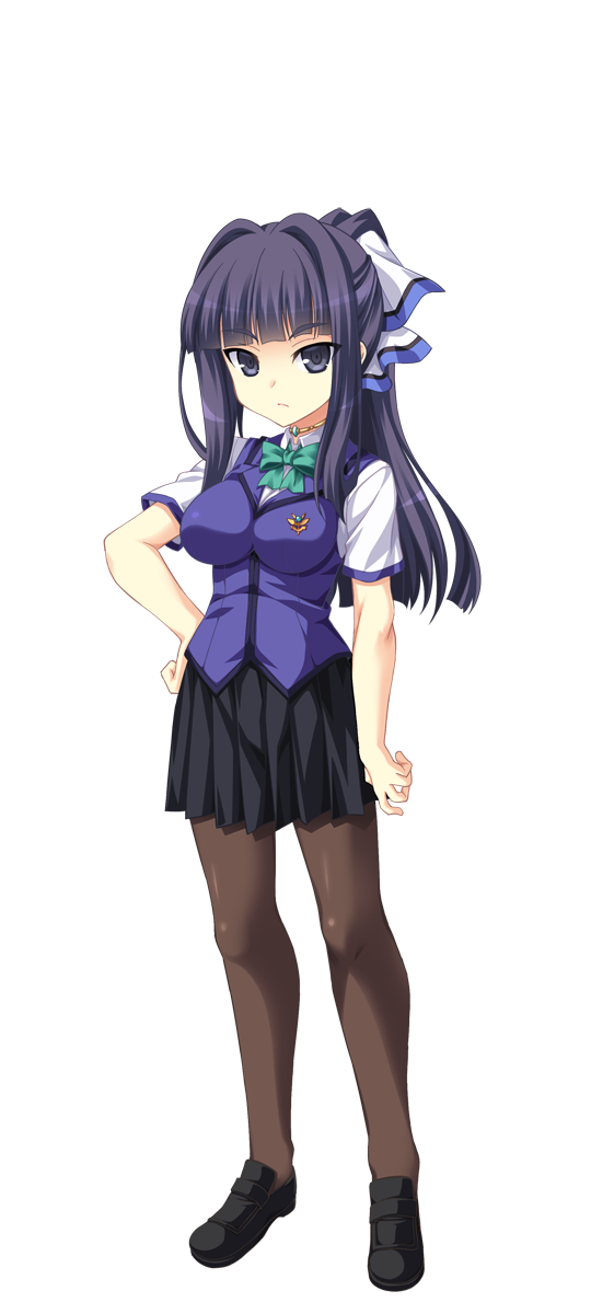 aoi masami, doumyouji kotetu, slave cherry, ts magical girl nao, game cg, highres, large variant set, non-web source, official art, variant set, 1girl, black eyes, black hair, bow, breasts, full body, hand on own hip, harukaze mai (tsmg nao!), loafers, long hair, looking at viewer, pantyhose, pleated skirt, ponytail, school uniform, shoes, short sleeves, skirt, solo, standing, transparent background
