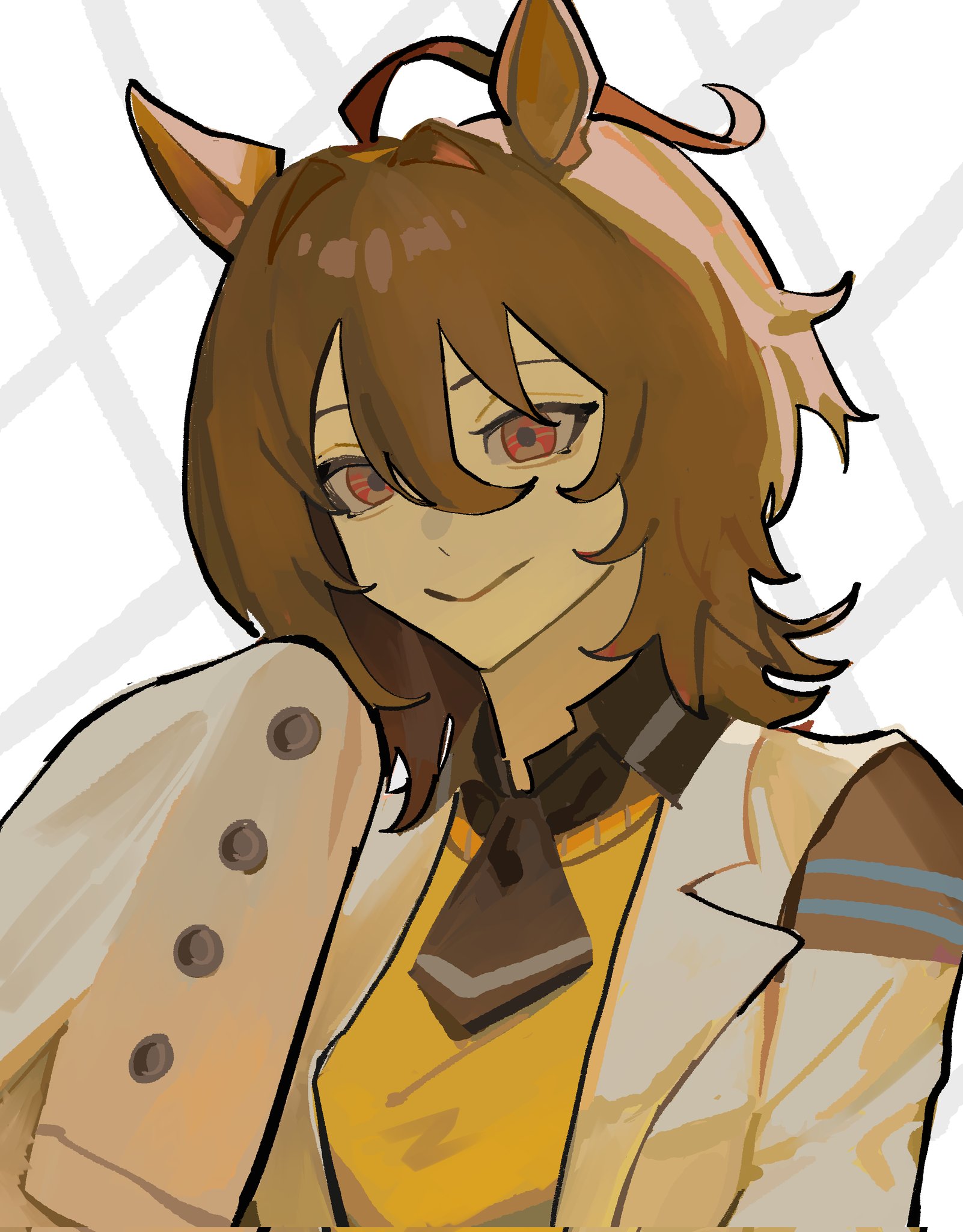 selvha, agnes tachyon (tach-nology) (umamusume), agnes tachyon (umamusume), umamusume, highres, 1girl, ahoge, animal ears, black necktie, brown hair, closed mouth, coat, hair between eyes, horse ears, horse girl, huge ahoge, lab coat, long sleeves, looking at viewer, medium hair, necktie, red eyes, shirt, short necktie, simple background, sleeves past fingers, sleeves past wrists, smile, solo, sweater, sweater vest, upper body, white coat, wolf cut, yellow sweater, yellow sweater vest