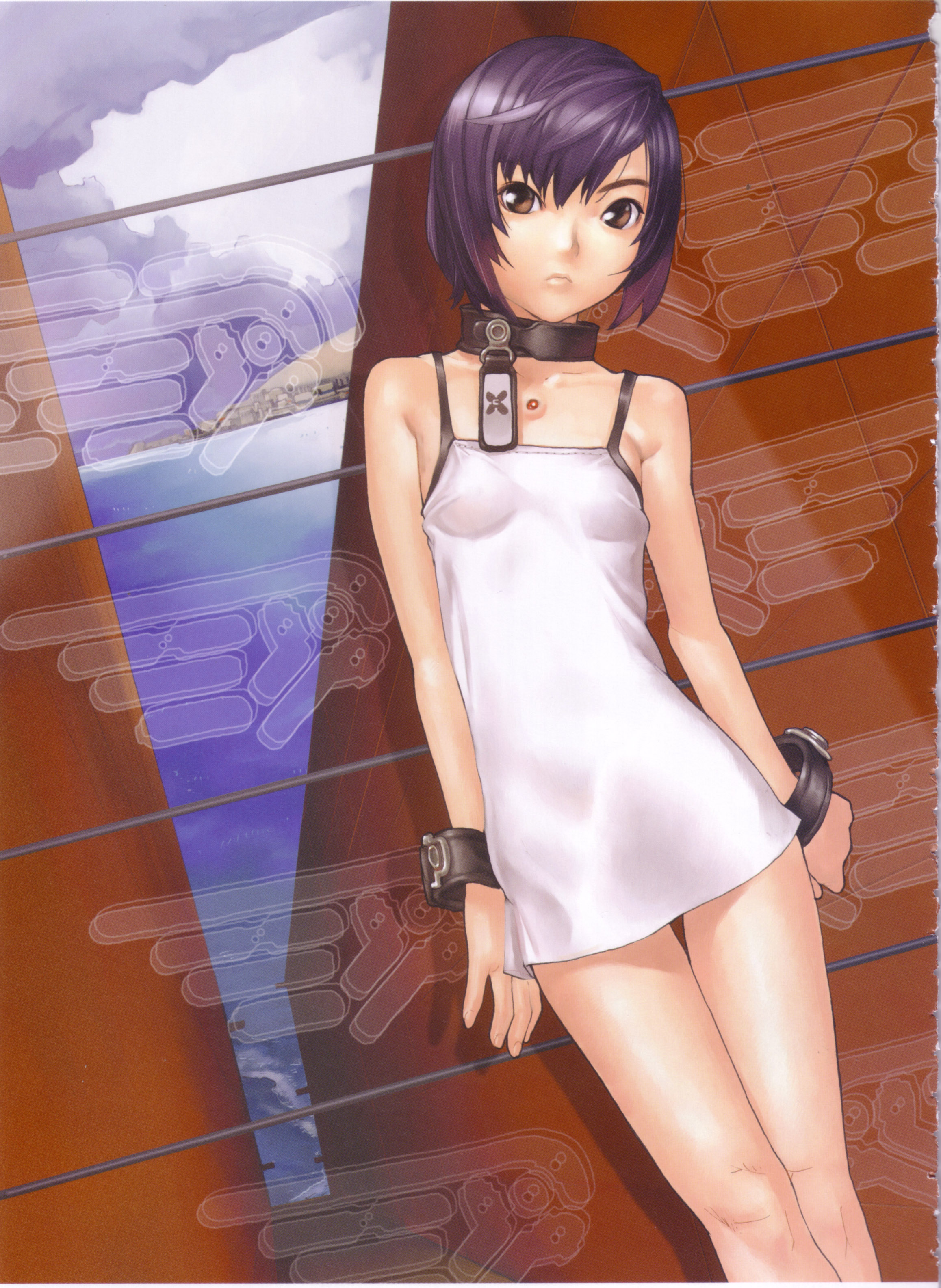 hakua ugetsu, absurdres, highres, 1girl, bare shoulders, breasts, brown eyes, collar, cuffs, dress, female focus, flat chest, purple hair, short hair, small breasts, solo