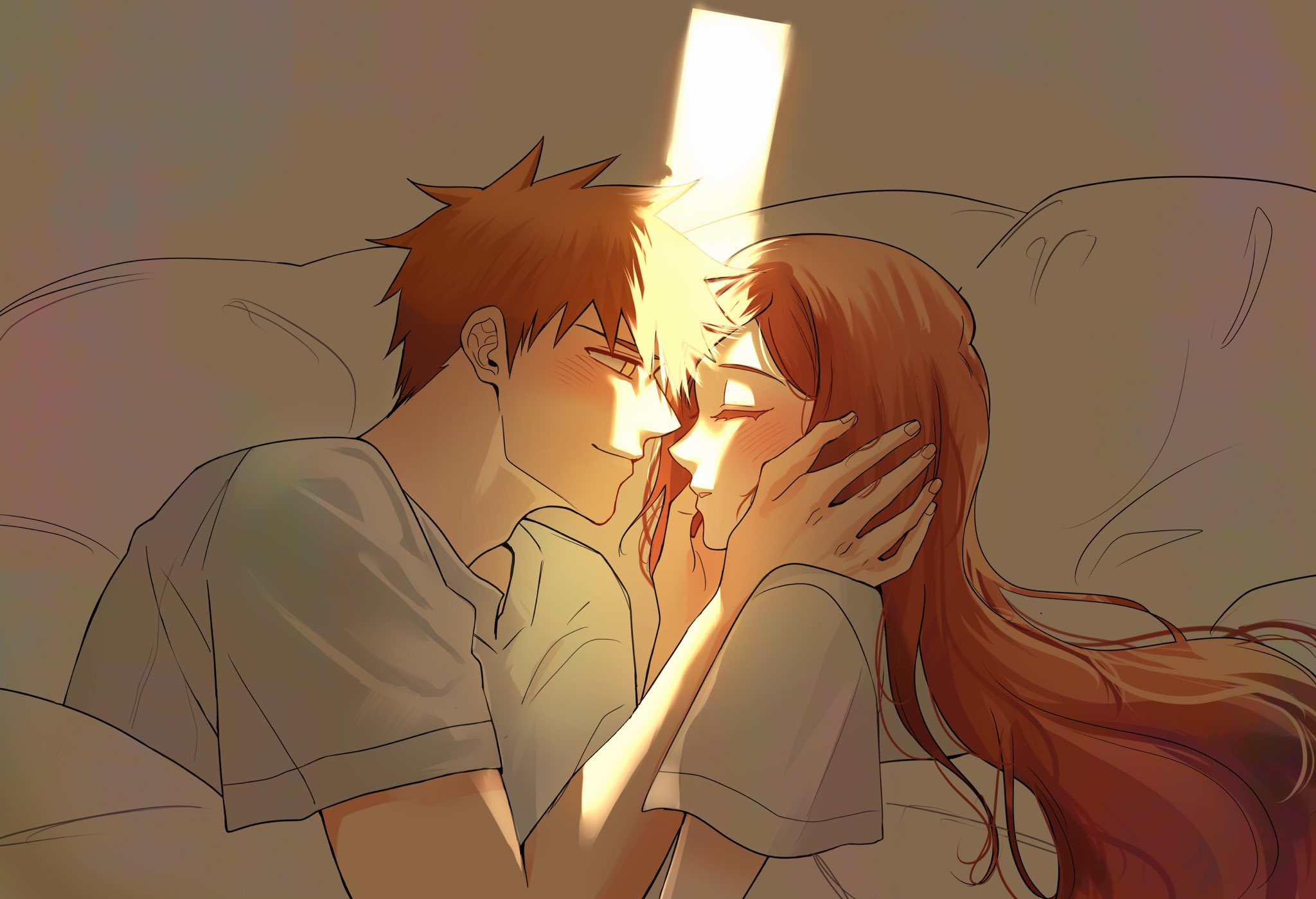 sela (chanppu), inoue orihime, kurosaki ichigo, bleach, highres, 1boy, 1girl, blush, couple, hand in another's hair, hetero, long hair, looking at another, on bed, orange hair, parted lips, pillow, shirt, short hair, short sleeves, sleeping, smile, spiked hair, sunlight, under covers, upper body, white shirt