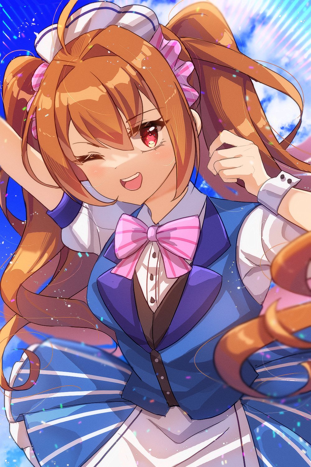 zer00han, estelle bright, eiyuu densetsu, sora no kiseki, highres, 1girl, ahoge, antenna hair, blue sky, bow, bowtie, breasts, brown hair, cloud, double-parted bangs, dress, hair between eyes, hair intakes, long hair, looking at viewer, maid headdress, medium breasts, one eye closed, open mouth, pink bow, pink bowtie, puffy short sleeves, puffy sleeves, red eyes, short sleeves, sky, smile, solo, traditional bowtie, twintails, upper body, vest, waistcoat, waitress, white wrist cuffs, wrist cuffs
