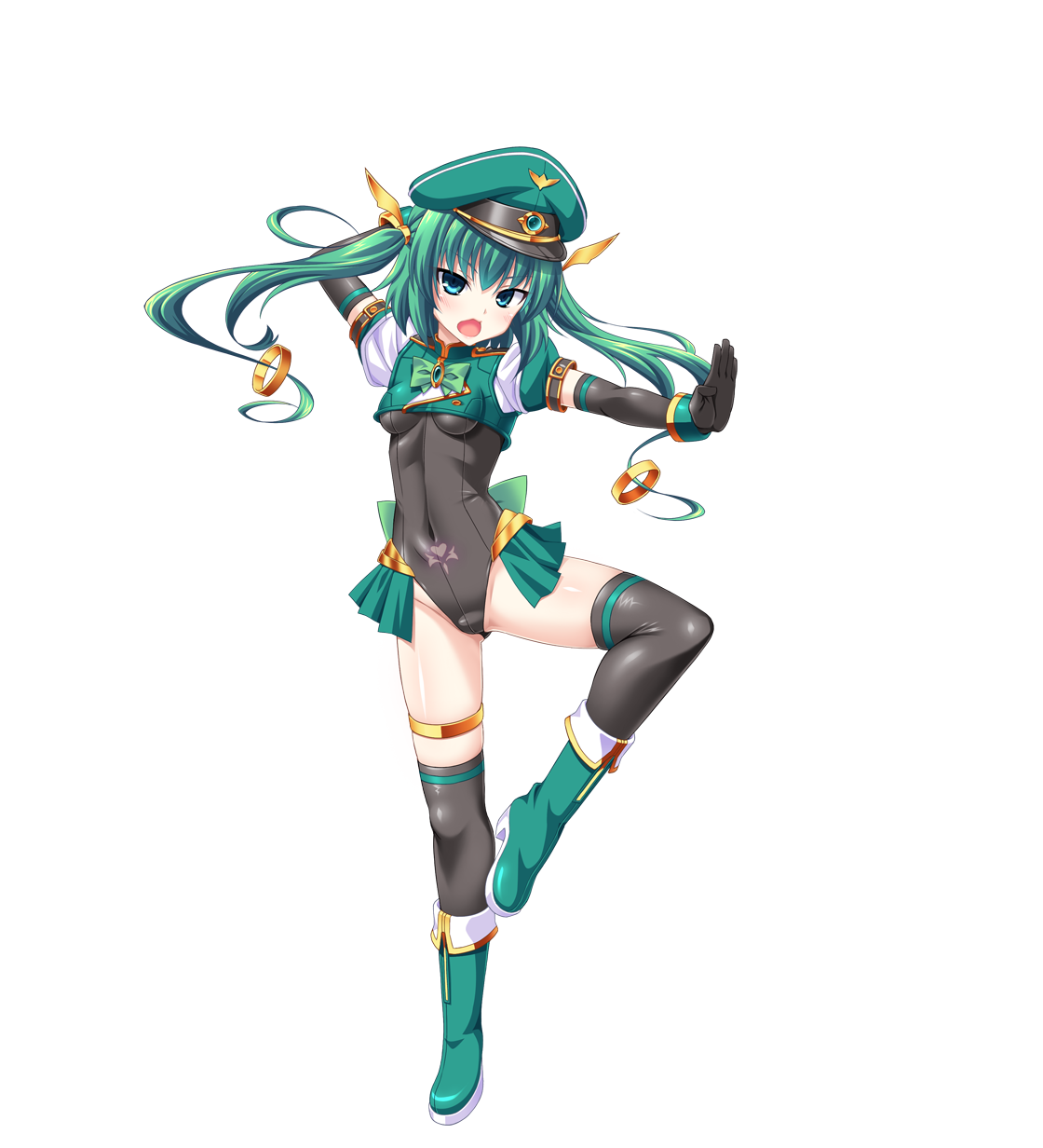 aoi masami, knight lapis, nina wang rockford, ts magical girl nao, game cg, highres, large variant set, non-web source, official art, variant set, 1girl, aqua eyes, black gloves, black thighhighs, boots, breasts, covered navel, elbow gloves, full body, gloves, green eyes, green hair, hat, leotard, long hair, looking at viewer, magical girl, open mouth, outstretched arms, peaked cap, showgirl skirt, small breasts, solo, standing, standing on one leg, tachi-e, thighhighs, transparent background, twintails