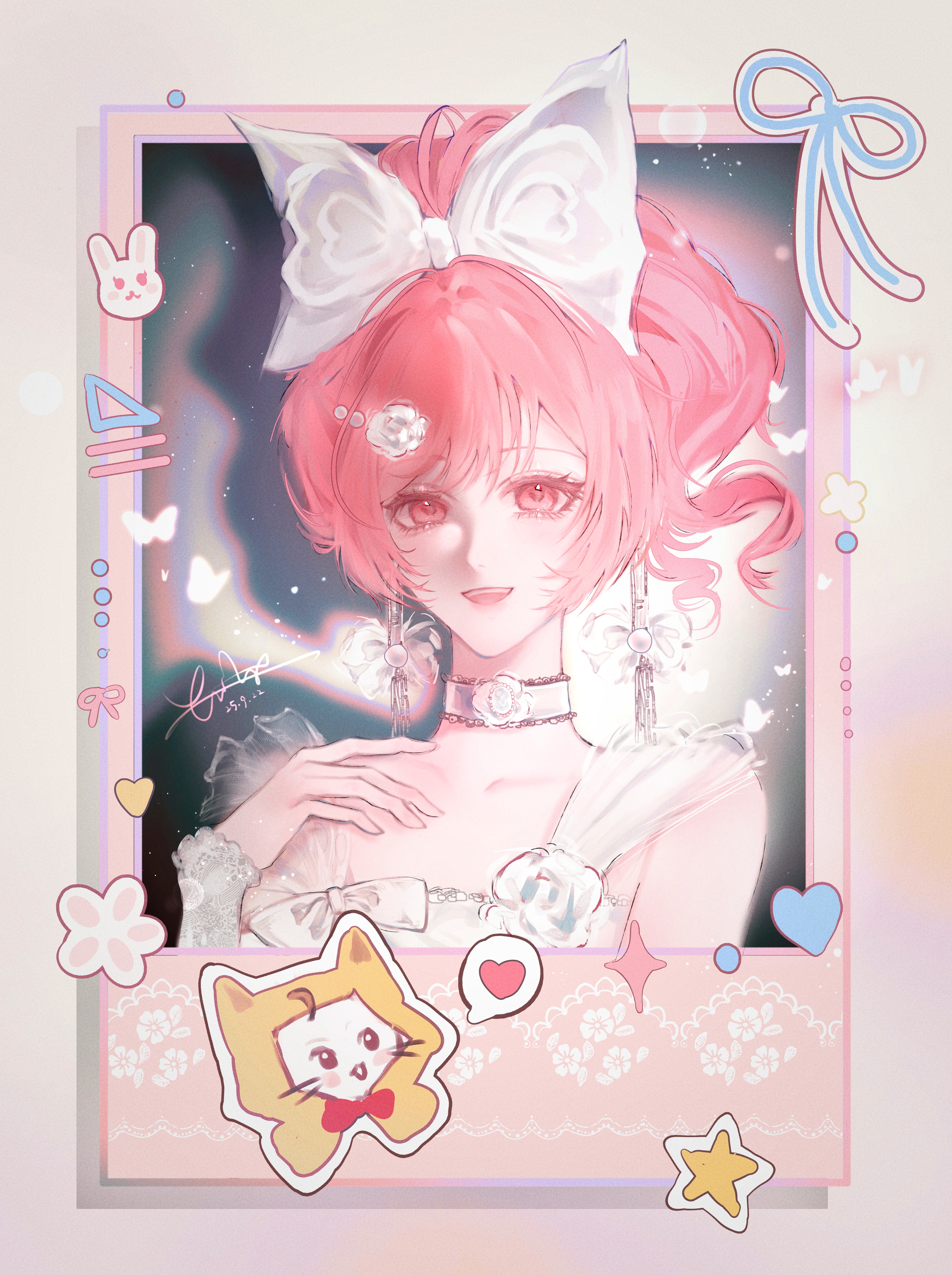 momo (nikki), nikki (nikki), nikki (series), absurdres, highres, 1girl, ahoge, animal, bare shoulders, beads, border, bow, bowtie, brooch, bug, butterfly, cat, choker, cloak, clothed animal, dress, ear covers, eyelashes, flower, flower brooch, flower choker, frilled wrist cuffs, frills, hair beads, hair bow, hair flower, hair ornament, hairclip, hand on own chest, haoyuzhishijie31369, happy, heart, high ponytail, hood, hood up, hooded cloak, insect, jewelry, light particles, open mouth, outside border, picture frame, pink eyes, pink hair, ponytail, red bow, red bowtie, shadow, short hair, sleeveless, sleeveless dress, smile, sparkle, speech bubble, spoken heart, star (symbol), teeth, traditional bowtie, upper body, upper teeth only, wavy hair, whiskers, white border, white bow, white butterfly, white cat, white choker, white dress, white flower, white wrist cuffs, wrist cuffs, yellow cloak