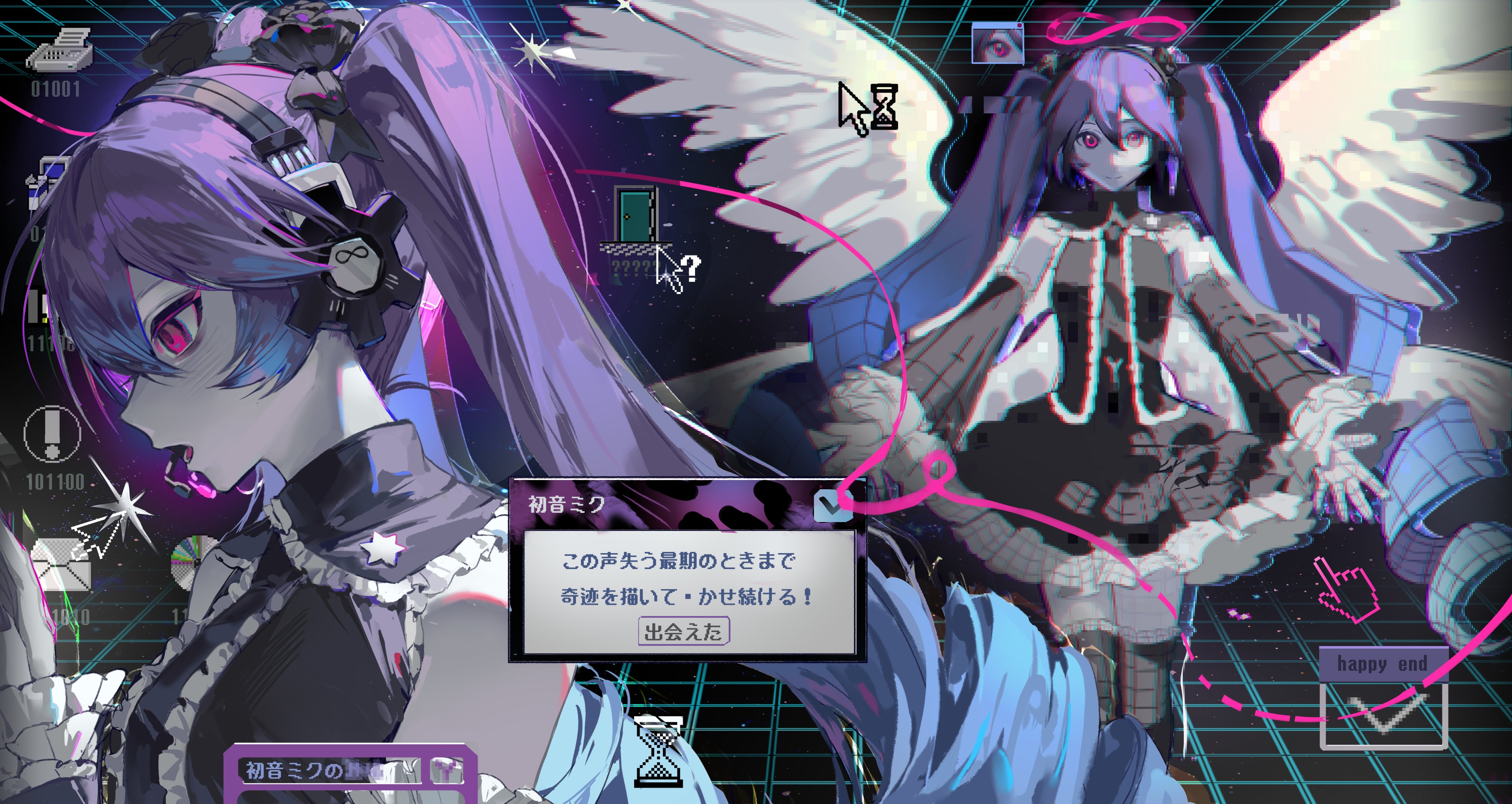 kako (pixiv77158173), hatsune miku, vocaloid, absurdres, highres, translation request, adapted costume, detached sleeves, dress, english text, flat chest, glitch, gothic lolita, halo, lolita fashion, pink eyes, pixel art, pointer, twintails, wings
