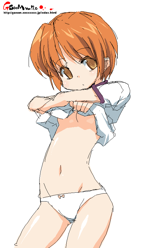 onija tarou, original, 1girl, brown eyes, clothes lift, female focus, flat chest, oekaki, orange hair, panties, shirt lift, short hair, simple background, solo, underwear, white background