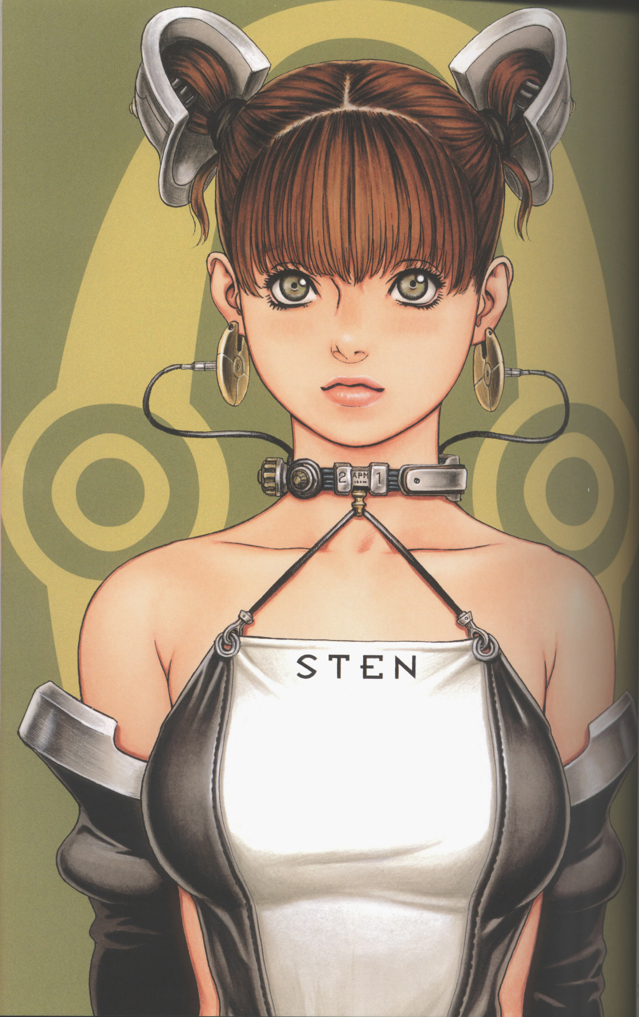 tsukasa jun, original, absurdres, highres, scan, 1girl, bodysuit, breasts, brown hair, cable, collar, earrings, female focus, gloves, grey eyes, jewelry, large breasts, lips, skin tight, solo