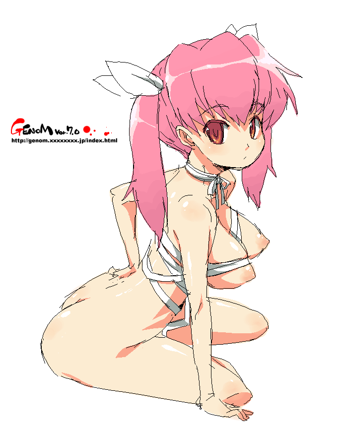 onija tarou, original, 1girl, ass, bandages, breasts, female focus, nipples, oekaki, pink hair, red eyes, simple background, solo, twintails, white background