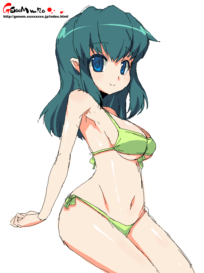onija tarou, original, 1girl, bikini, blue eyes, blue hair, female focus, matching hair/eyes, oekaki, side-tie bikini bottom, simple background, solo, swimsuit, white background