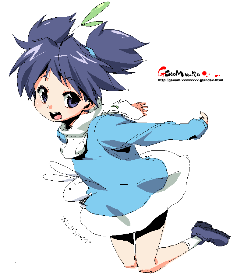onija tarou, tagme, 1girl, blue hair, female focus, oekaki, simple background, smile, solo, white background
