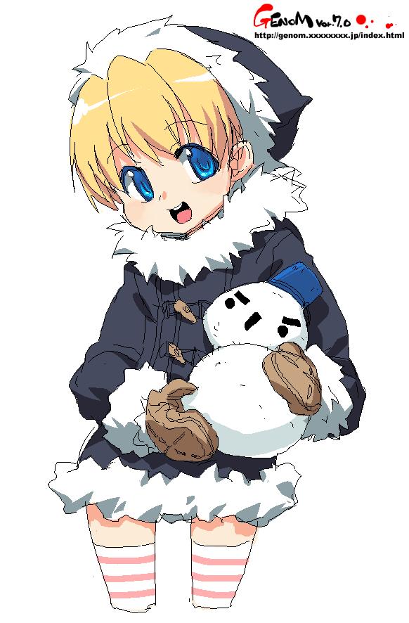 onija tarou, blonde hair, blue eyes, coat, gloves, oekaki, smile, snowman, solo, thighhighs