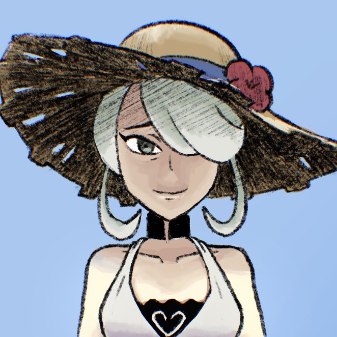kaeru boiler, cogita (pokemon), cynthia (pokemon), cynthia (summer 2025) (pokemon), nintendo, pokemon, pokemon legends: arceus, pokemon masters ex, 1girl, blue background, collarbone, cosplay, cynthia (pokemon) (cosplay), flower, grey eyes, grey hair, hair over one eye, hat, hat flower, looking at viewer, official alternate costume, simple background, solo, sun hat, upper body