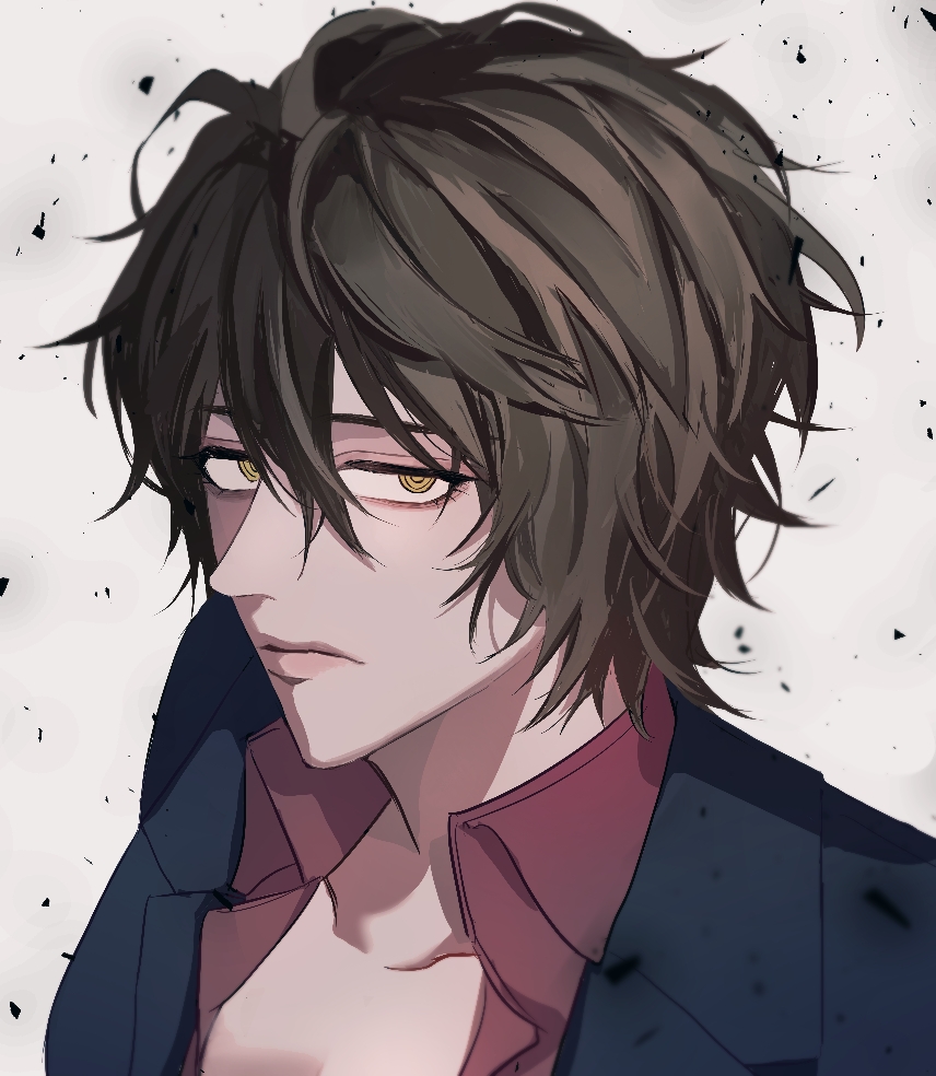 kuchiba reiko, murcielago, commentary request, 1girl, brown hair, closed mouth, collared shirt, hair between eyes, kira kingyo, ringed eyes, shirt, simple background, solo, yellow eyes