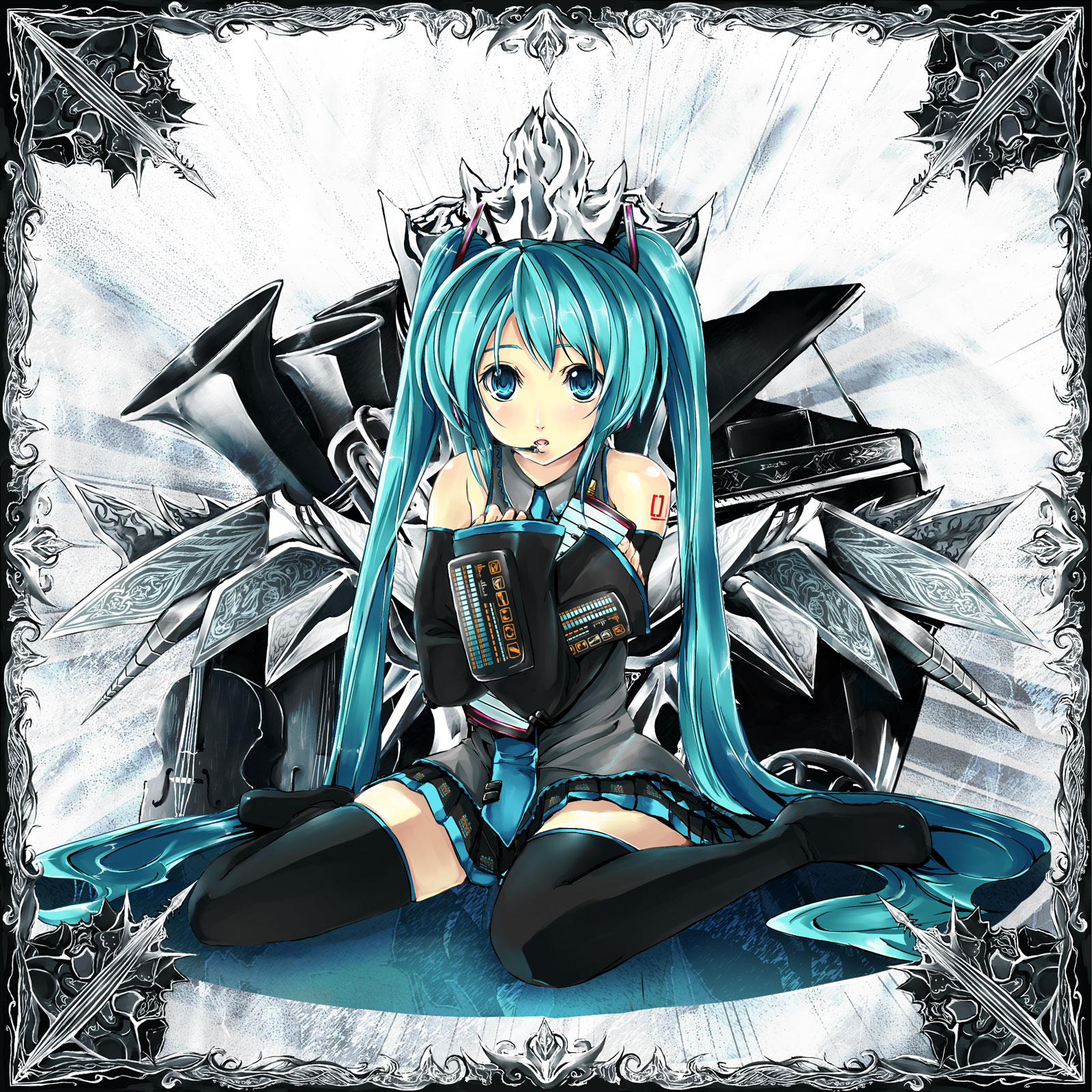 gin'ichi (akacia), ginichi, hatsune miku, vocaloid, highres, md5 mismatch, resolution mismatch, source smaller, 1girl, blush, female focus, green eyes, green hair, long hair, matching hair/eyes, skirt, solo, thighhighs, twintails