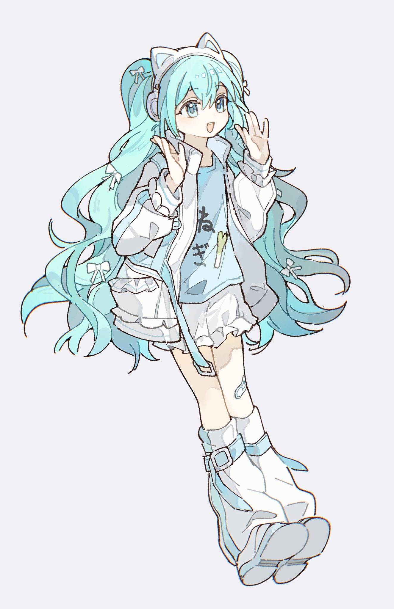 akoto (akoto0228), hatsune miku, vocaloid, hashtag-only commentary, highres, translation request, 1girl, :d, ||/, animal ear headphones, animal ears, aqua hair, bandaid, bandaid on knee, bandaid on leg, blue eyes, bow, cat ear headphones, cat ears, clothes writing, double-parted bangs, fake animal ears, frilled jacket, frilled skirt, frills, full body, grey background, hair between eyes, hair bow, hands up, headphones, jacket, kneehighs, legs together, long hair, long sleeves, looking ahead, loose socks, miniskirt, open clothes, open jacket, open mouth, pencil skirt, shoes, simple background, skirt, smile, socks, solo, standing, teeth, upper teeth only, very long hair, wavy hair, white bow, white jacket, white shoes, white skirt, white socks