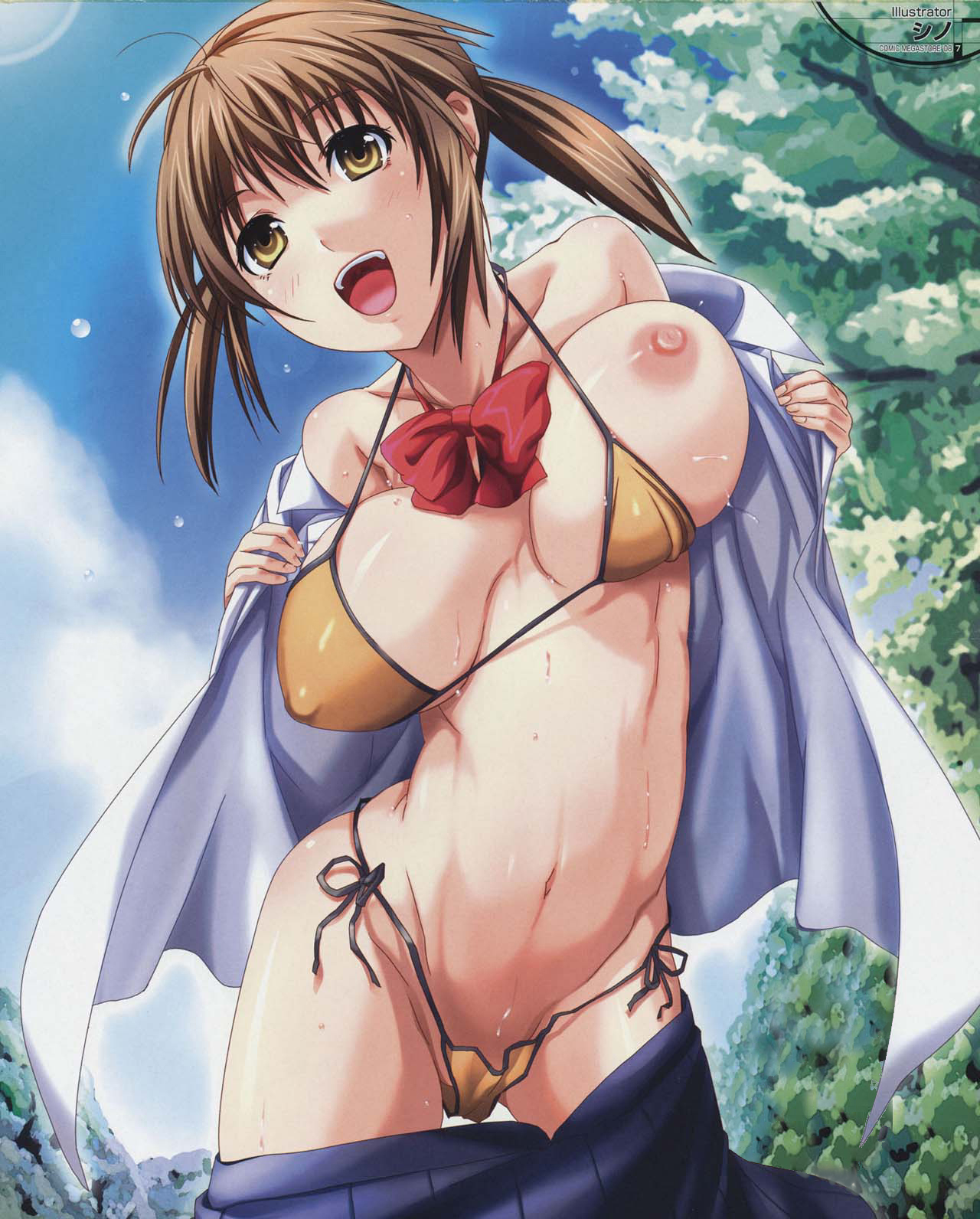 shino (comic penguin club), highres, 1girl, bikini, bow, breasts, brown hair, contrapposto, covered erect nipples, curvy, day, female focus, large breasts, navel, nipples, one breast out, open mouth, side-tie bikini bottom, solo, standing, swimsuit, twintails, undressing, wardrobe malfunction, wet, yellow eyes