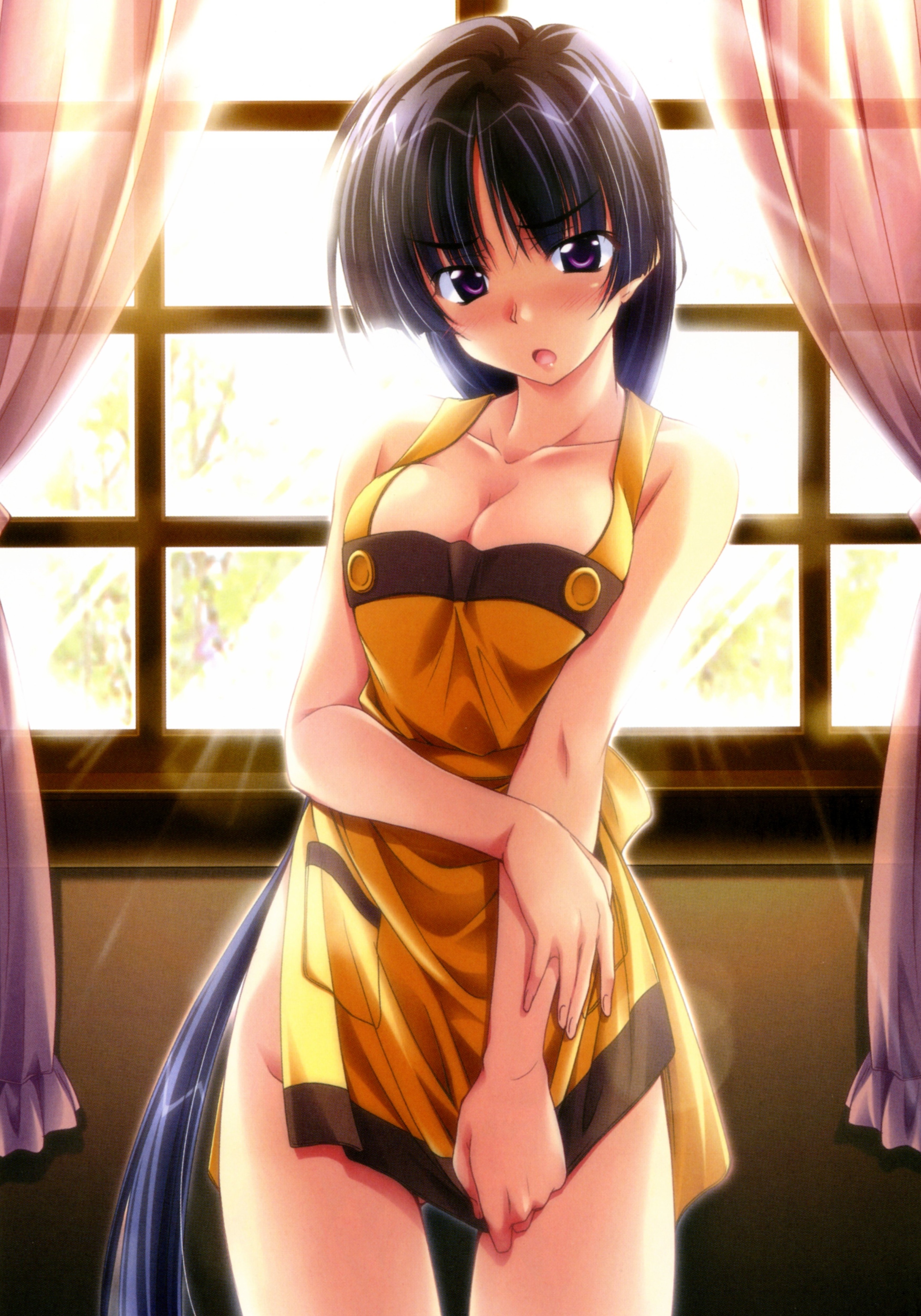takeya masami, fukamori shizuka, princess waltz, absurdres, highres, scan, 1girl, apron, black hair, blush, breasts, breasts squeezed together, cleavage, female focus, large breasts, long hair, naked apron, open mouth, purple eyes, solo, very long hair
