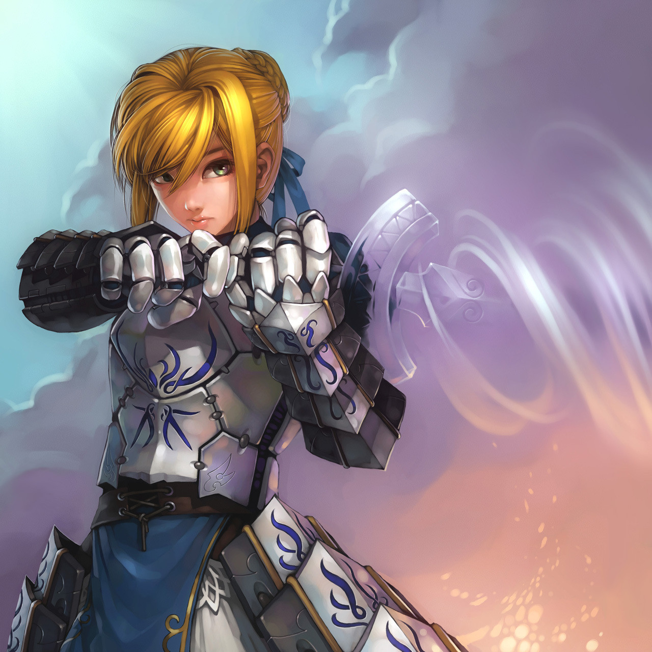 kaiko (artist), zhaoyebai, artoria pendragon (fate), saber (fate), fate/stay night, fate (series), bad id, highres, 00s, 1girl, armor, armored dress, blonde hair, braid, dress, excalibur (fate/stay night), female focus, gauntlets, green eyes, green hair, hair bun, hair ribbon, invisible air (fate), matching hair/eyes, ribbon, single hair bun, solo, sword, weapon