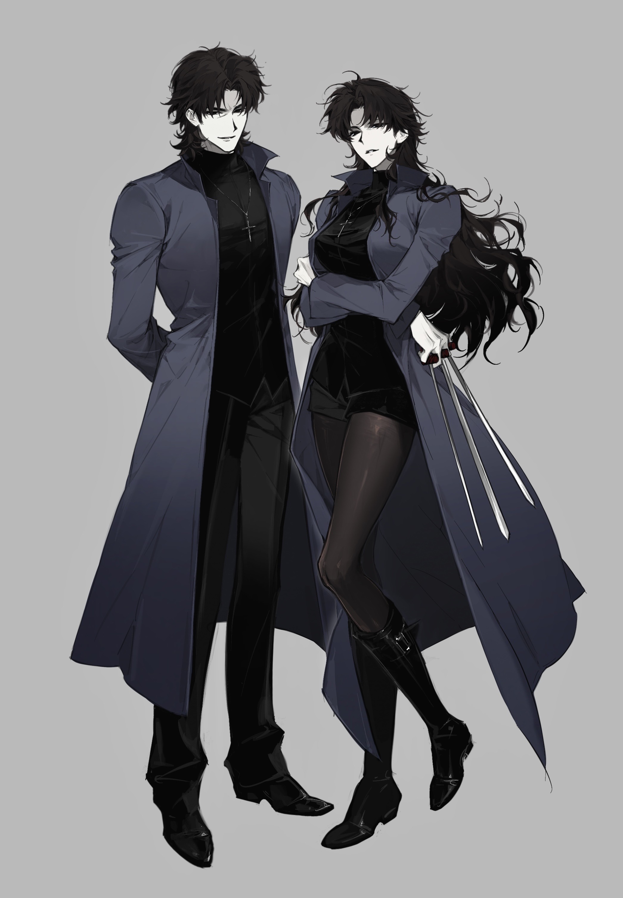 skanroooo, kotomine kirei, fate/stay night, fate (series), absurdres, chinese commentary, commentary request, highres, partial commentary, 1boy, 1girl, arms behind back, arms under breasts, between fingers, black boots, black coat, black eyes, black hair, black keys (type-moon), black pants, black pantyhose, black shirt, black shoes, black shorts, boots, breasts, coat, cross, cross necklace, crossed arms, curtained hair, dress pants, dual persona, full body, genderswap, genderswap (mtf), grey background, grin, holding, jewelry, knee boots, long coat, long hair, looking at viewer, medium breasts, messy hair, mullet, necklace, open clothes, open coat, pants, pantyhose, pantyhose under shorts, parted lips, partially shaded face, pointy boots, pointy shoes, popped collar, priest, shirt, shoes, short hair, short shorts, shorts, side-by-side, simple background, smile, standing, standing on one leg, tear troughs, turtleneck, turtleneck shirt, very long hair, weapon